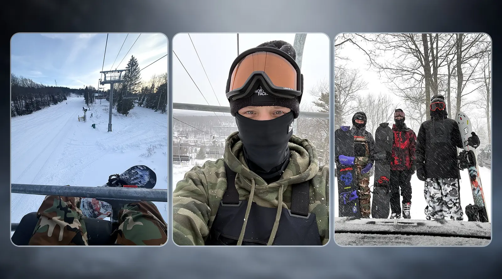 Three winter snapshots from a day snowboarding with friends